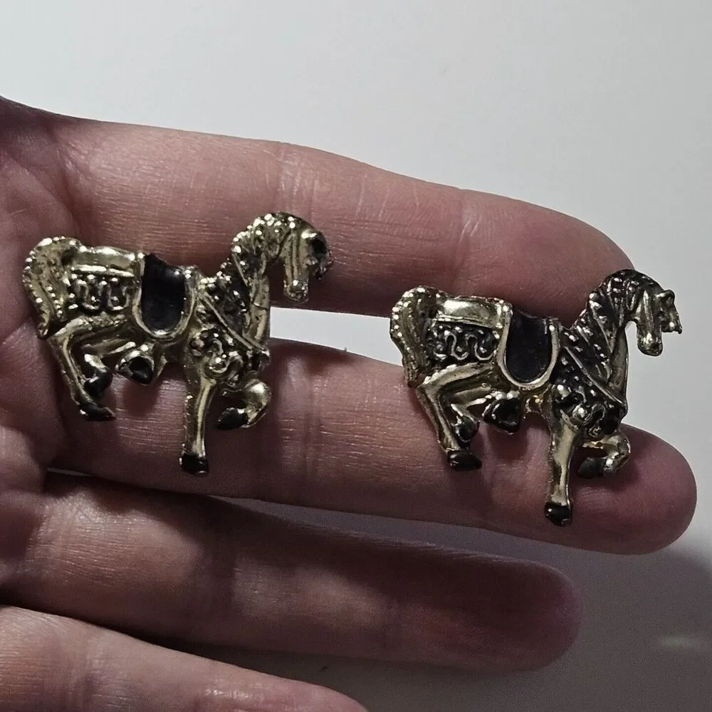 Silver Tone With Black Saddled Horse Vintage Cufflinks